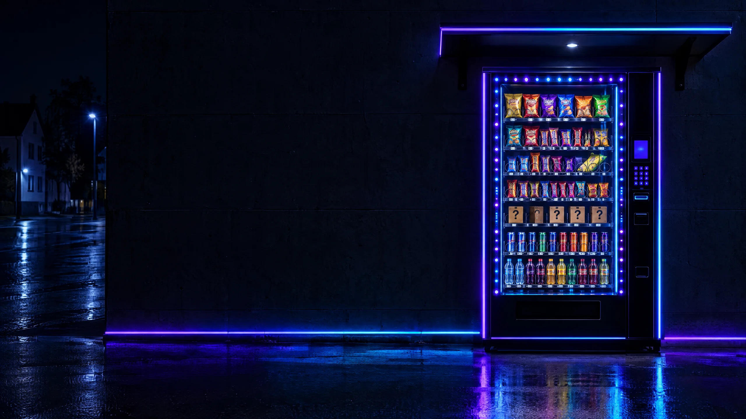 Beleuchteter SnackdoM-Automat bei Nacht, voll mit Snacks, Drinks und Mystery Packs