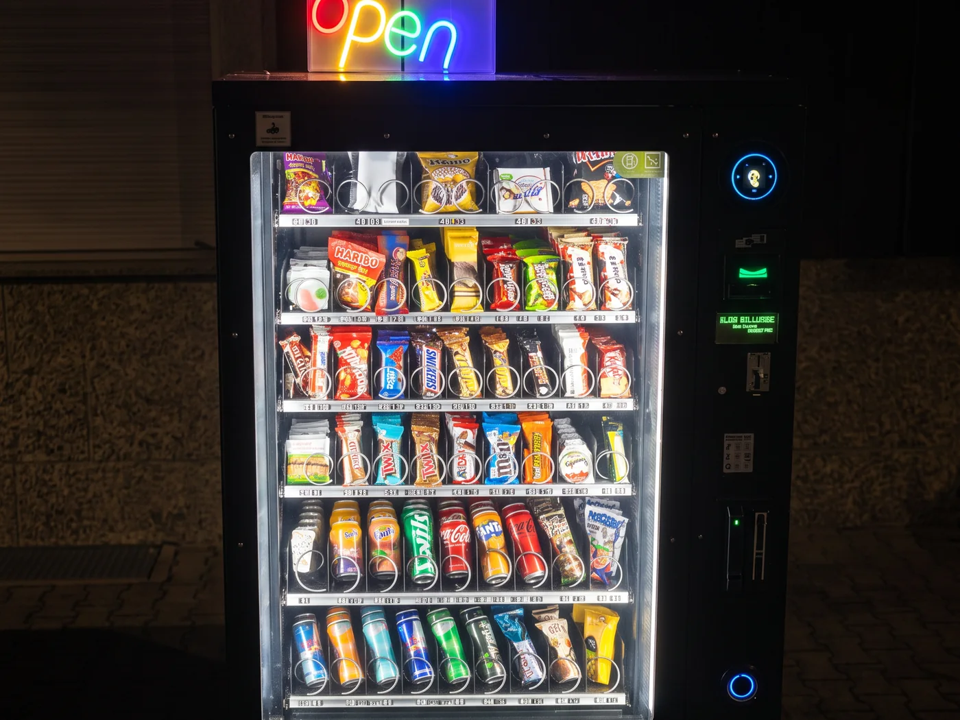 Unser Automat in Wabern bei Nacht mit leuchtendem Open-Schild