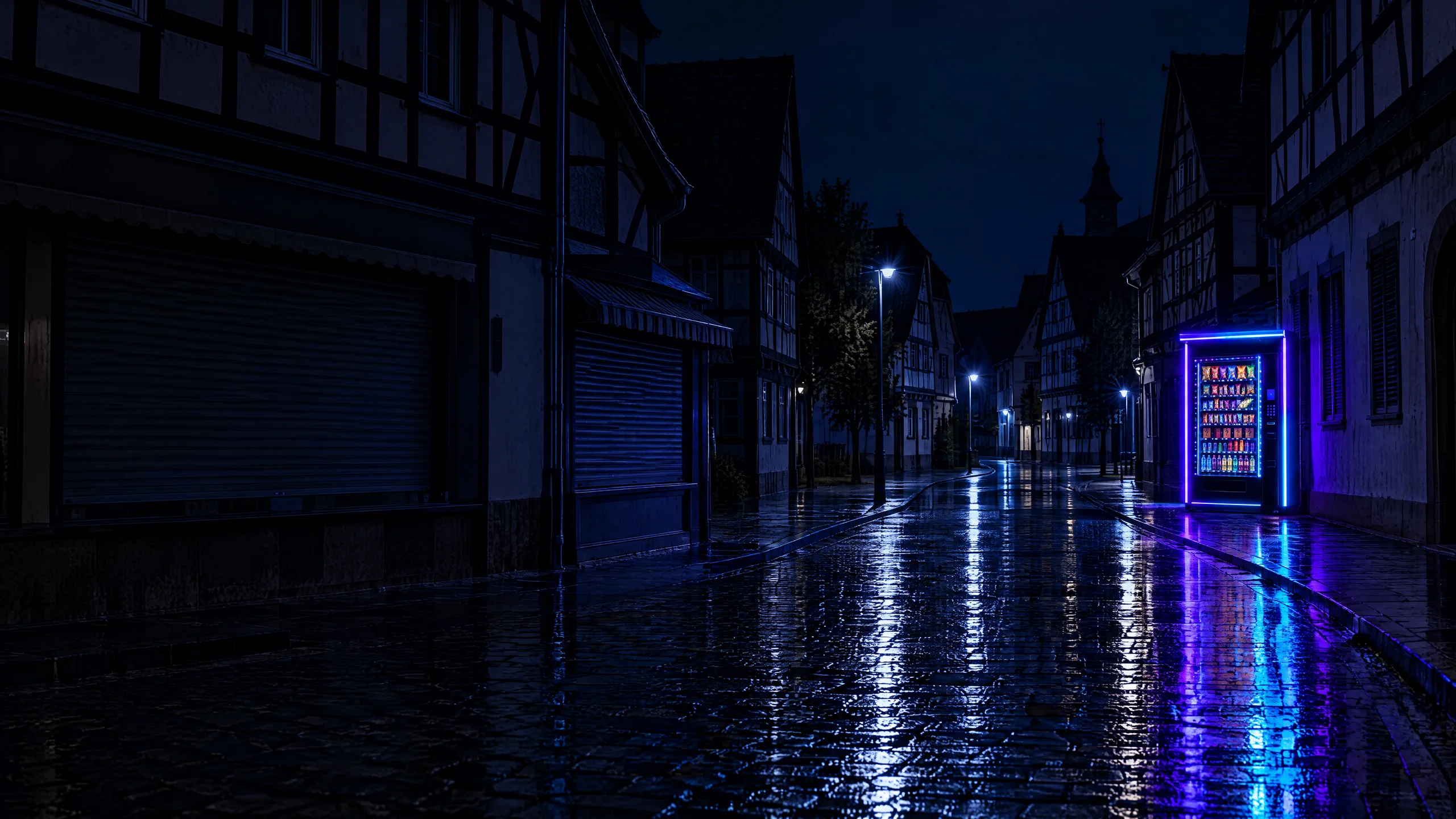 Nächtliche Gasse mit geschlossenen Läden, am Ende leuchtet der Automat