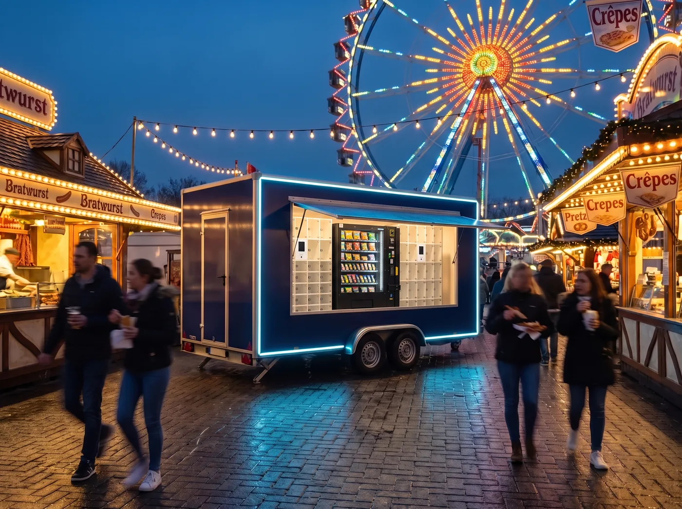 Der beleuchtete SnackdoM-Automaten-Wagen am Abend auf einer Kirmes