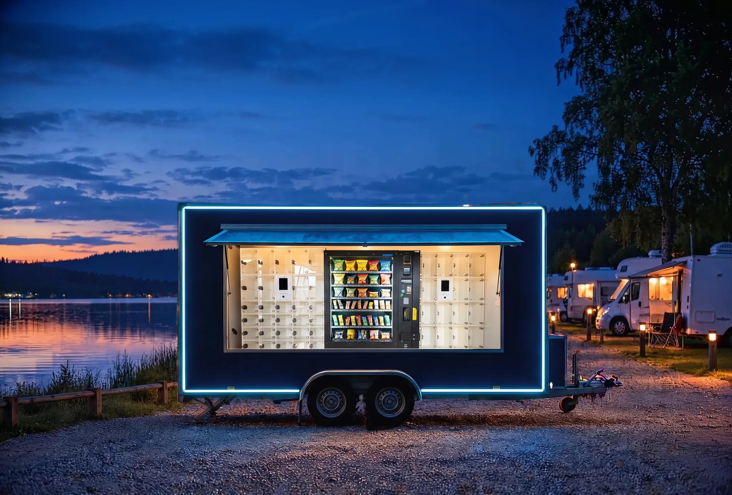 Der Automaten-Wagen an einem Wohnmobil-Stellplatz am See